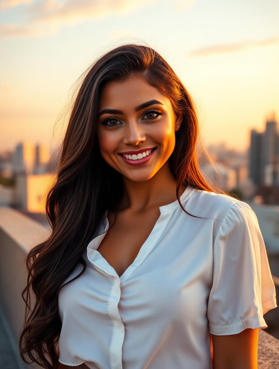 Musebox AI companion Sofia, warm Latina girl with dark brown hair, golden-hour cinematic portrait